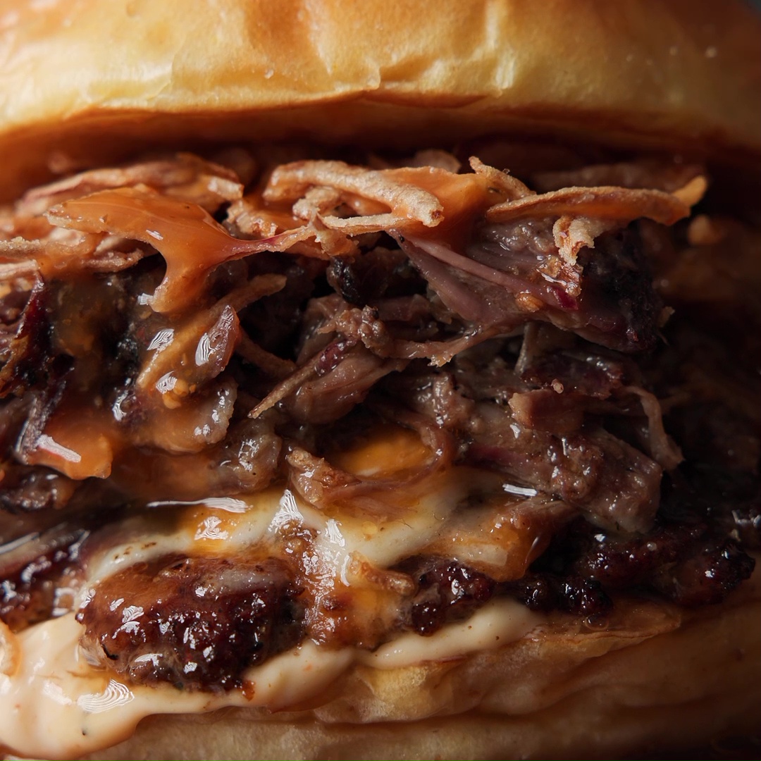 Habanero Fried Onion Cheesy Birria Burgers - GRILLED