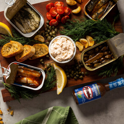 Tinned Fish Board & Spicy Whipped Cream Cheese
