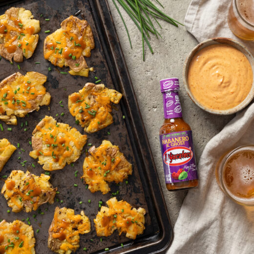 Cheesy Smashed Potatoes with Ghost Fire Cream Dip